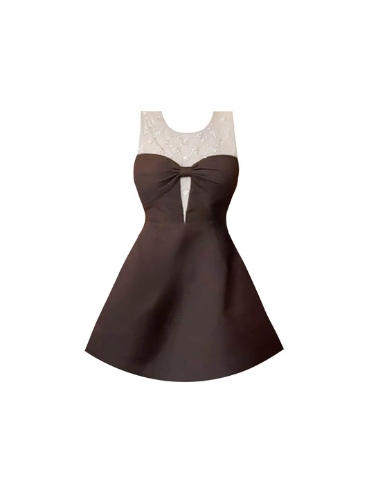 New Tendency Jewel Neck Cutout A-Line Mini Skirt Vintage Sequins Accent Splicing Tulle Short Dress AP4492