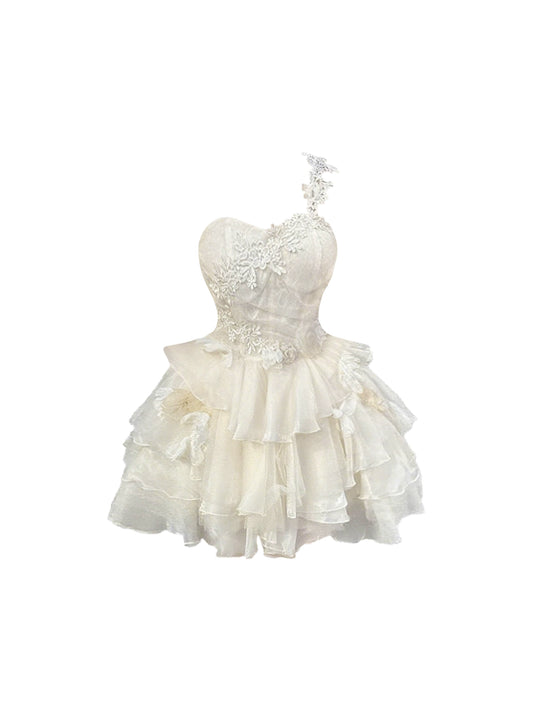 Fairy One Shoulder 3D Flowers Tiered Mini Skirt Sweet A-Line Lace Trim Short Dress AP4493