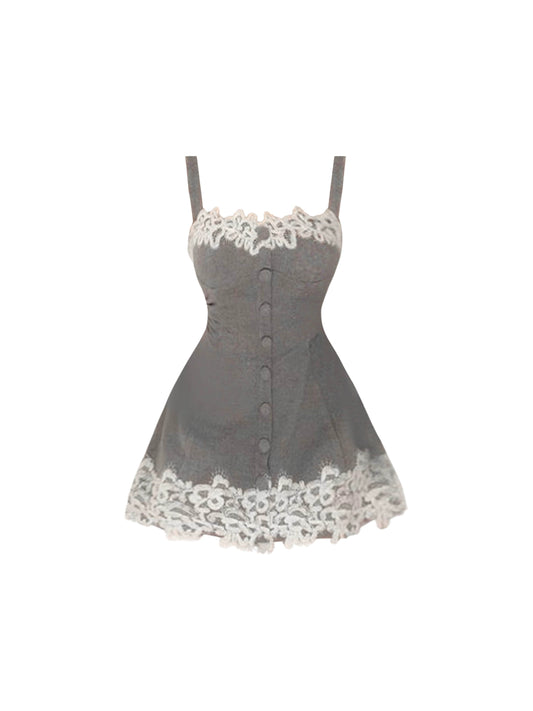 Boho-Inspired Splicing Lace Spaghetti Strap Grey Mini Skirt Fashionable Cinched-Waist A-Line Short Dress AP4495