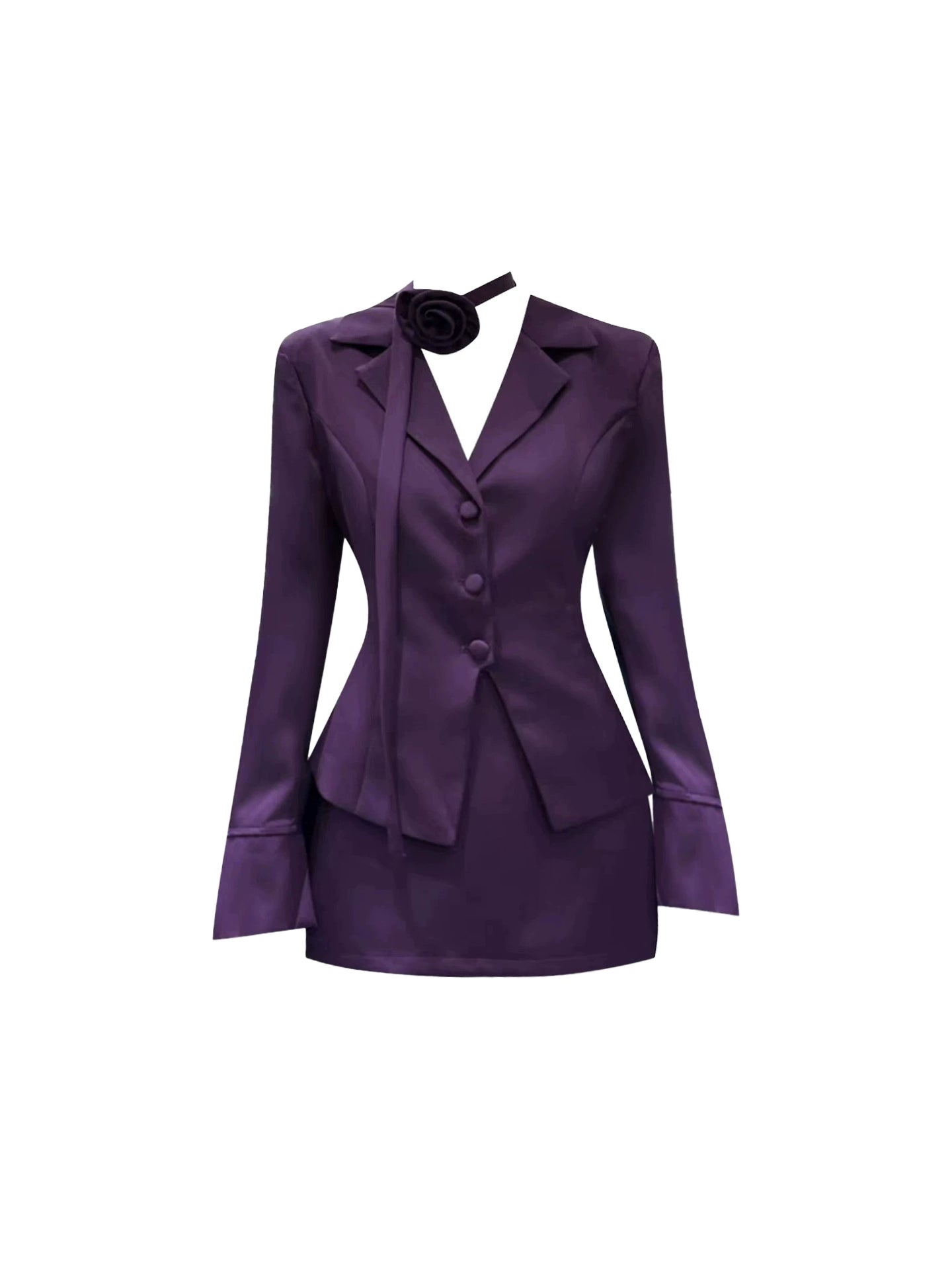 Refined Sheath 2-Piece Set Purple Mini Skirt Office Suit V Neck Long Sleeve Short Dress AP4497