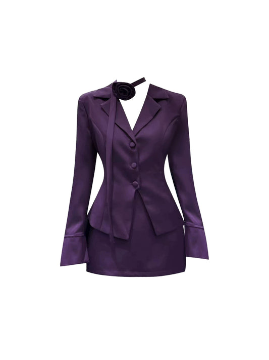 Refined Sheath 2-Piece Set Purple Mini Skirt Office Suit V Neck Long Sleeve Short Dress AP4497