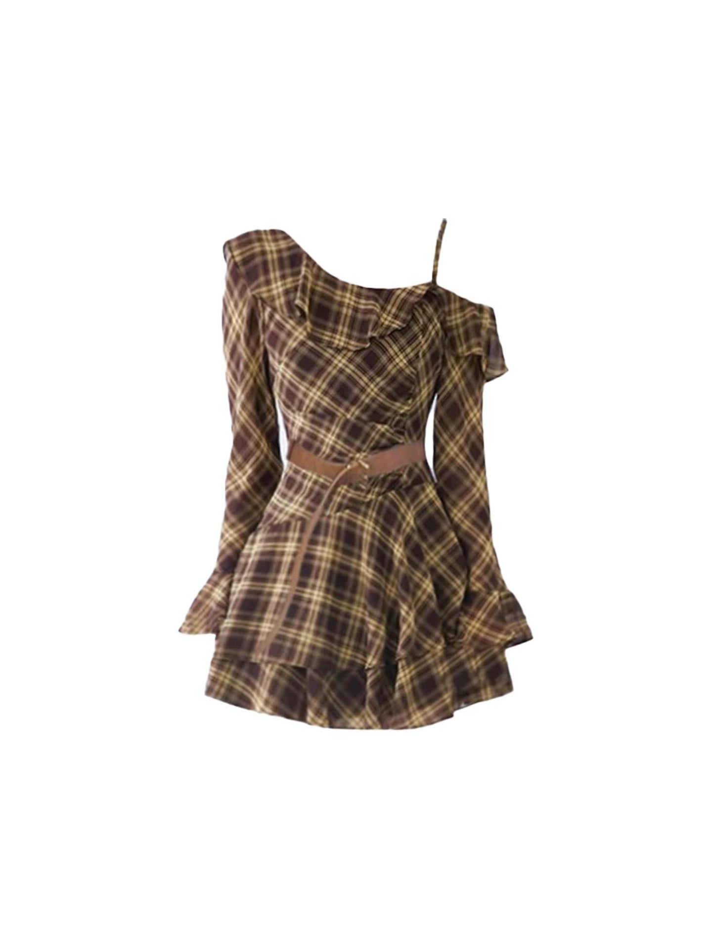 Beautiful A-Line Ruffles Trim Plaid Mini Skirt Hottie Asymmetric Neck Long Sleeve Tiered Short Dress AP4498