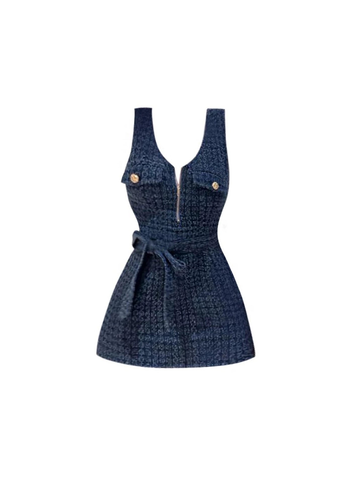 Enchanting V Neck Tweed A-Line Mini Skirt Vintage Zipper Design Sleeveless Cinched-Waist Short Dress AP4499
