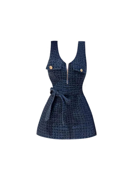 Enchanting V Neck Tweed A-Line Mini Skirt Vintage Zipper Design Sleeveless Cinched-Waist Short Dress AP4499