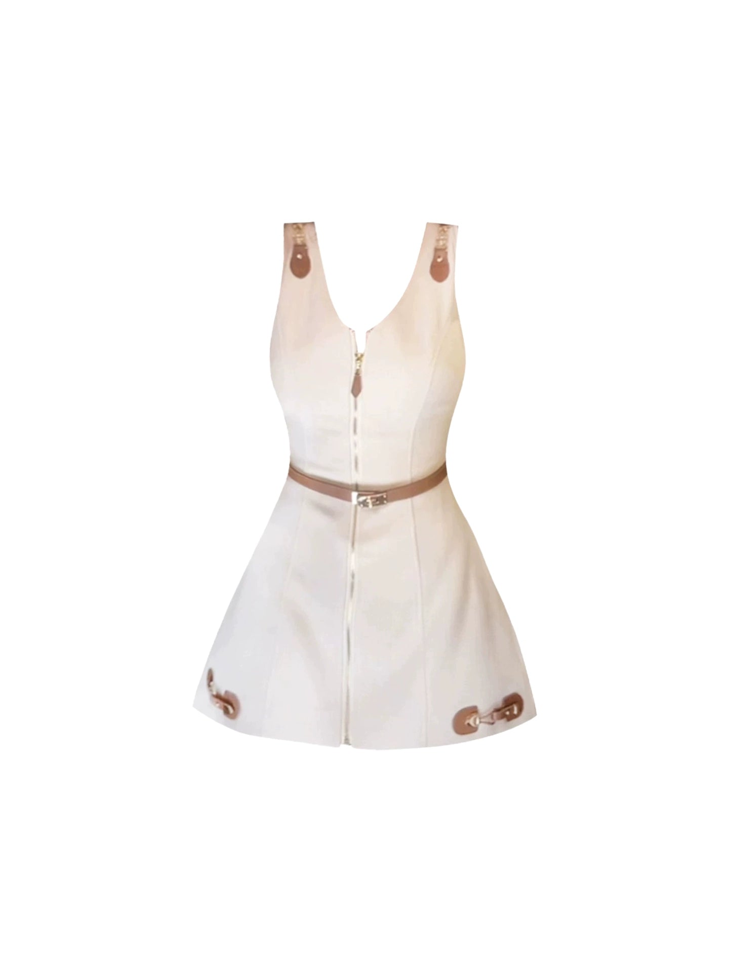 Superb A-Line Jewel Neck Sleeveless White Mini Skirt Chic Zipper Design Cinched-Waist Short Dress AP4500