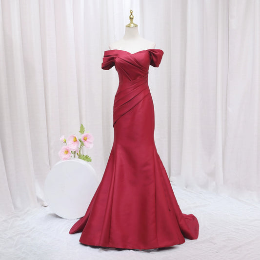 Appealing Off-Shoulder Mermaid Evening Gowns Vibrant Red Pleated Prom Dress AP4503