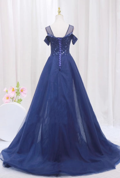 Fascinating A-Line Jewel Neck Evening Gowns Lace-Up Sequins Tulle Prom Dress AP4504