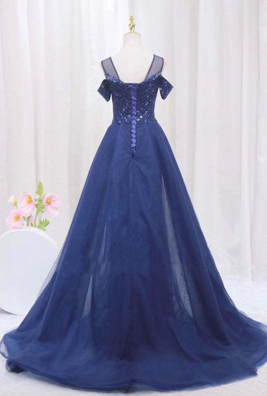 Fascinating A-Line Jewel Neck Evening Gowns Lace-Up Sequins Tulle Prom Dress AP4504