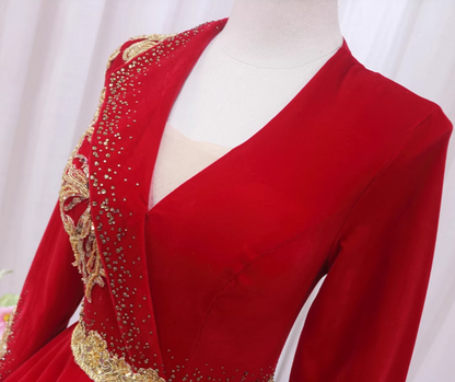 Enticing A-Line V Neck Formal Gowns Long Sleeve Backless Sequins Appliques Prom Dress AP4506