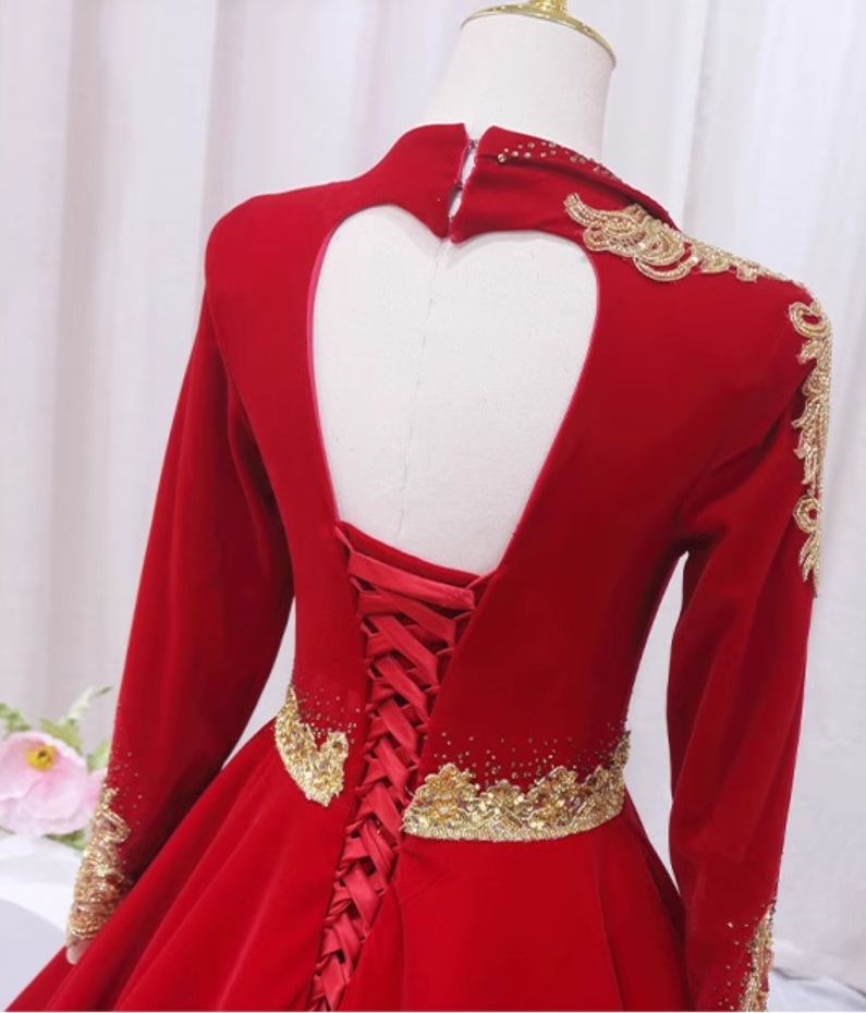 Enticing A-Line V Neck Formal Gowns Long Sleeve Backless Sequins Appliques Prom Dress AP4506