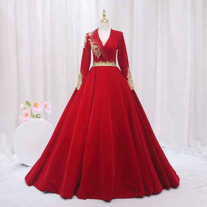 Enticing A-Line V Neck Formal Gowns Long Sleeve Backless Sequins Appliques Prom Dress AP4506