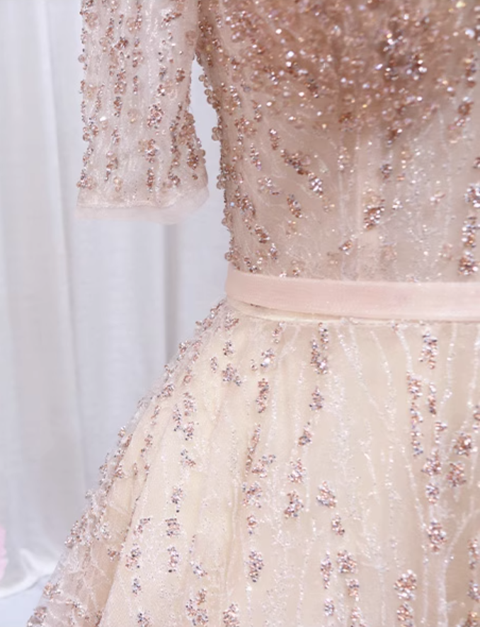 Shiny A-Line V Neck Formal Gowns Short Sleeve Sequins Tulle Beading Prom Dress AP4507