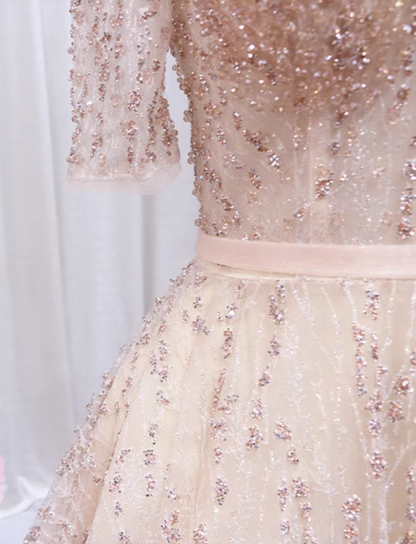 Shiny A-Line V Neck Formal Gowns Short Sleeve Sequins Tulle Beading Prom Dress AP4507