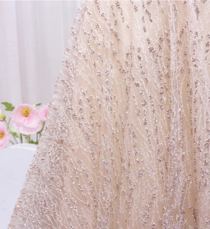 Shiny A-Line V Neck Formal Gowns Short Sleeve Sequins Tulle Beading Prom Dress AP4507