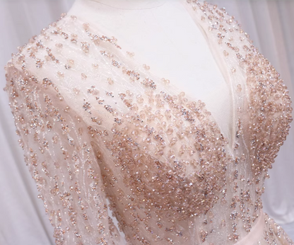 Shiny A-Line V Neck Formal Gowns Short Sleeve Sequins Tulle Beading Prom Dress AP4507