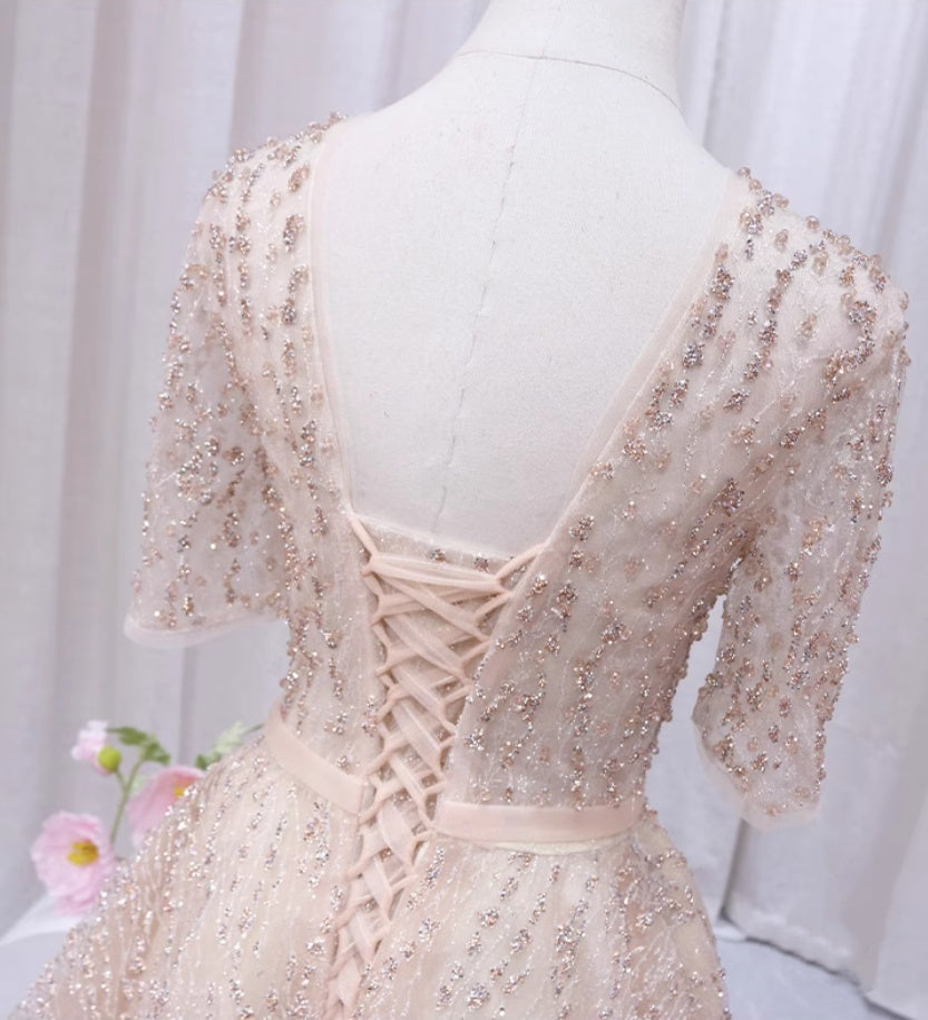 Shiny A-Line V Neck Formal Gowns Short Sleeve Sequins Tulle Beading Prom Dress AP4507