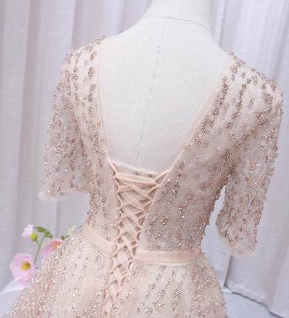 Shiny A-Line V Neck Formal Gowns Short Sleeve Sequins Tulle Beading Prom Dress AP4507