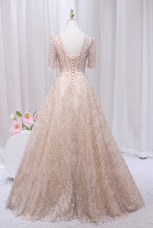 Shiny A-Line V Neck Formal Gowns Short Sleeve Sequins Tulle Beading Prom Dress AP4507