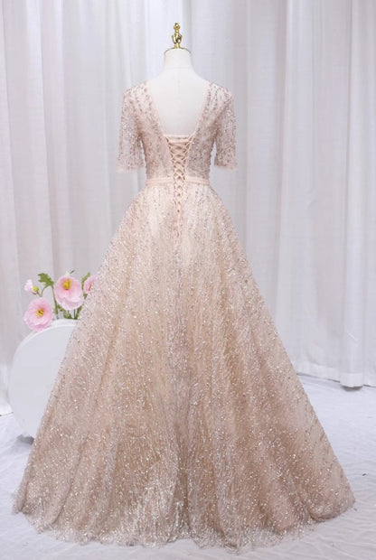 Shiny A-Line V Neck Formal Gowns Short Sleeve Sequins Tulle Beading Prom Dress AP4507
