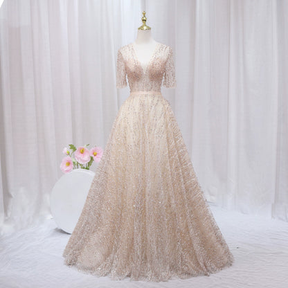 Shiny A-Line V Neck Formal Gowns Short Sleeve Sequins Tulle Beading Prom Dress AP4507