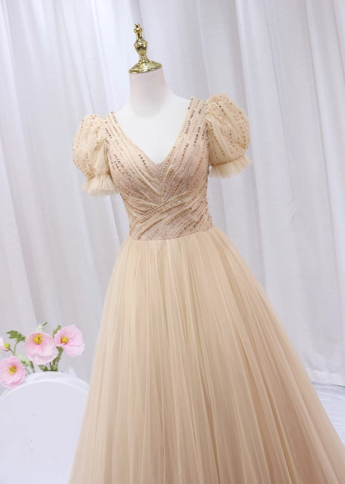 Eye-Catching A-Line V Neck Formal Gowns Tulle Sequins Beading Short Sleeve Prom Dress AP4509