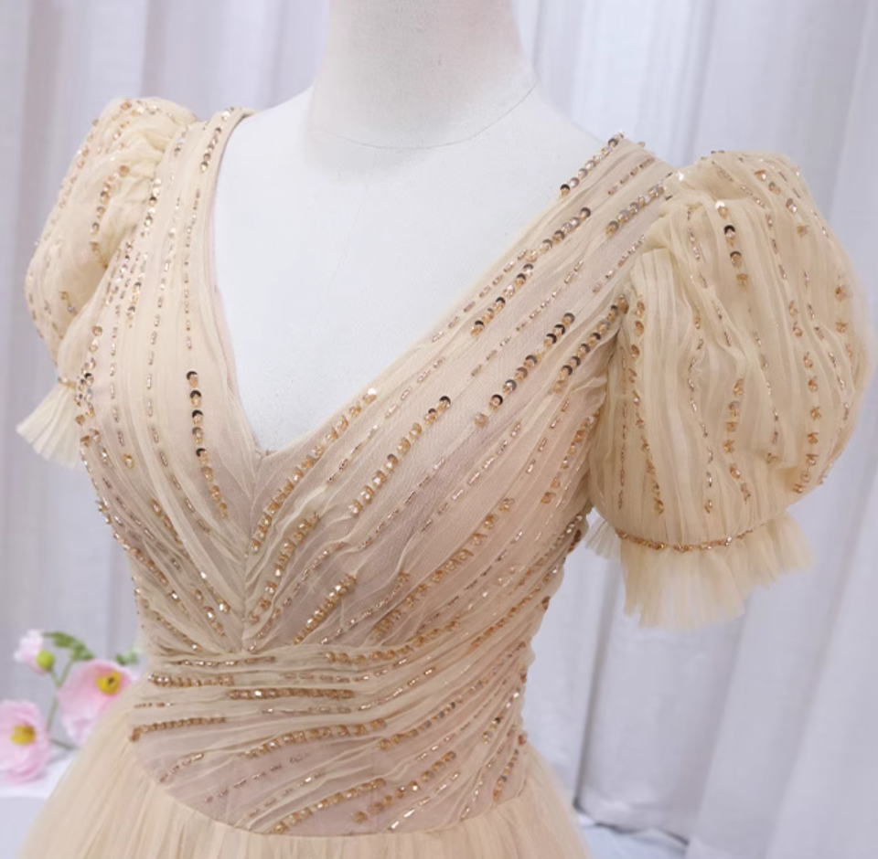 Eye-Catching A-Line V Neck Formal Gowns Tulle Sequins Beading Short Sleeve Prom Dress AP4509