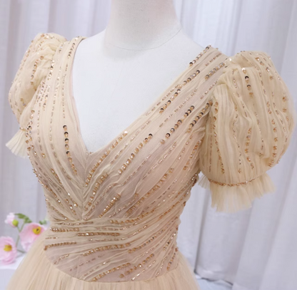 Eye-Catching A-Line V Neck Formal Gowns Tulle Sequins Beading Short Sleeve Prom Dress AP4509
