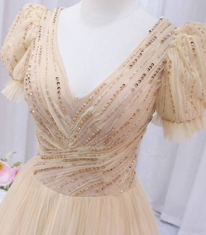 Eye-Catching A-Line V Neck Formal Gowns Tulle Sequins Beading Short Sleeve Prom Dress AP4509