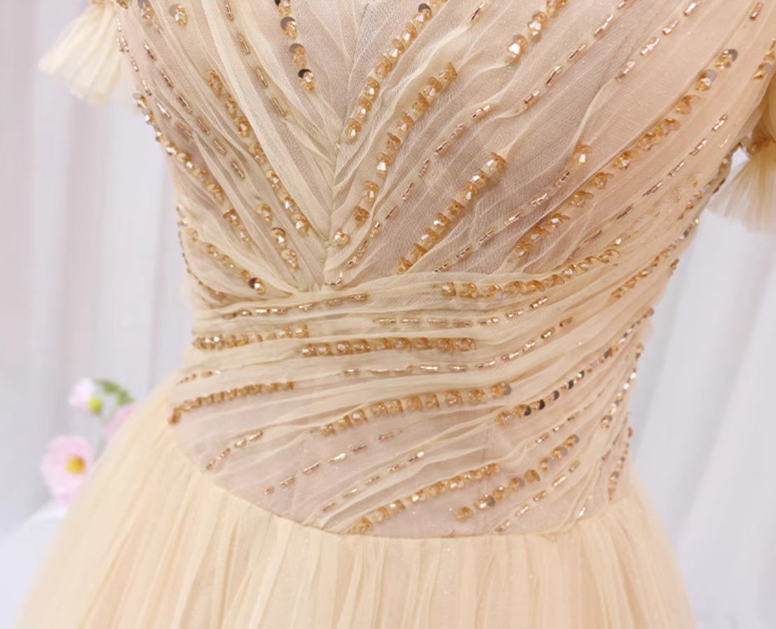 Eye-Catching A-Line V Neck Formal Gowns Tulle Sequins Beading Short Sleeve Prom Dress AP4509