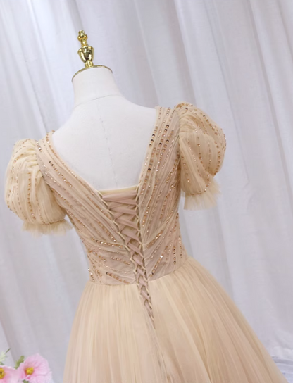 Eye-Catching A-Line V Neck Formal Gowns Tulle Sequins Beading Short Sleeve Prom Dress AP4509