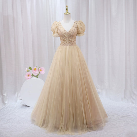 Eye-Catching A-Line V Neck Formal Gowns Tulle Sequins Beading Short Sleeve Prom Dress AP4509