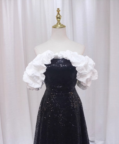 Romantic A-Line Off-Shoulder Sweet 16th Evening Dresses Black Sequins Prom Dress AP4510
