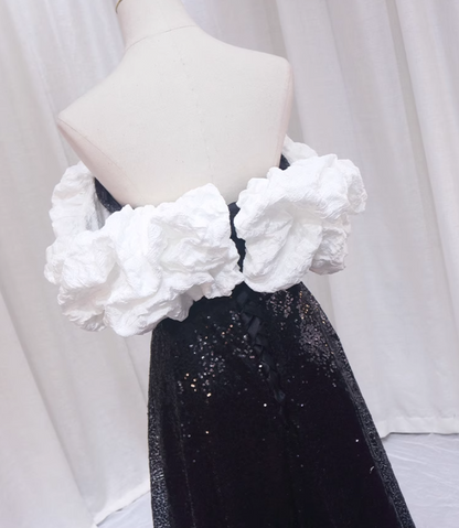 Romantic A-Line Off-Shoulder Sweet 16th Evening Dresses Black Sequins Prom Dress AP4510