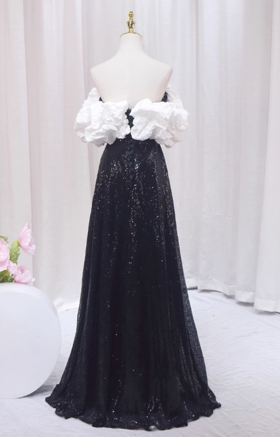 Romantic A-Line Off-Shoulder Sweet 16th Evening Dresses Black Sequins Prom Dress AP4510
