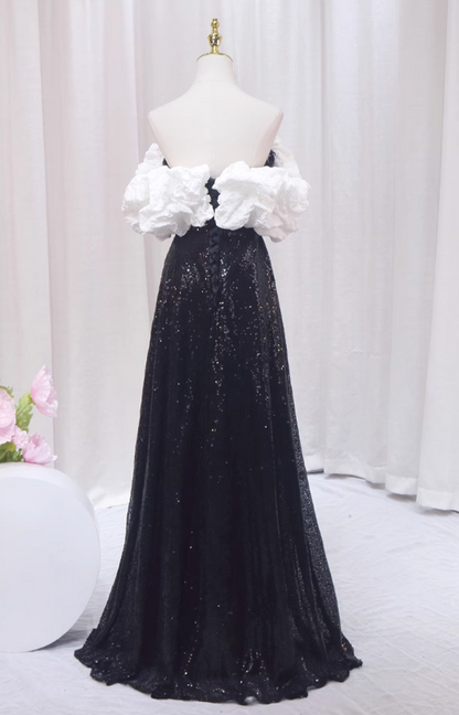 Romantic A-Line Off-Shoulder Sweet 16th Evening Dresses Black Sequins Prom Dress AP4510
