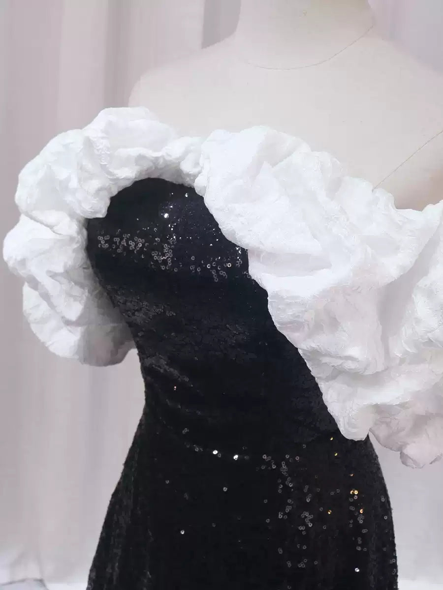 Romantic A-Line Off-Shoulder Sweet 16th Evening Dresses Black Sequins Prom Dress AP4510