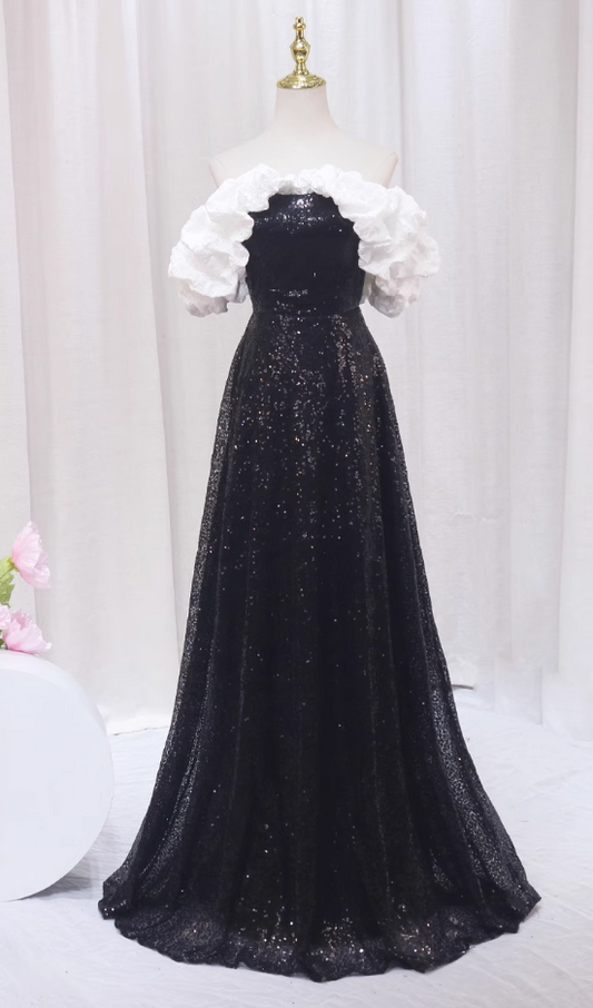 Romantic A-Line Off-Shoulder Sweet 16th Evening Dresses Black Sequins Prom Dress AP4510