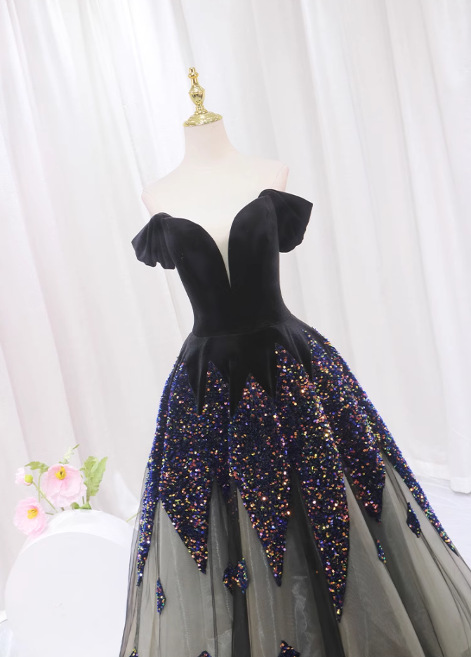 Ornate A-Line Off-Shoulder Sweet 16th Evening Dresses Velvet Splicing Tulle Sequins Prom Dress AP4511