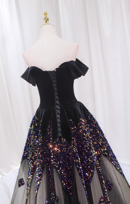 Ornate A-Line Off-Shoulder Sweet 16th Evening Dresses Velvet Splicing Tulle Sequins Prom Dress AP4511