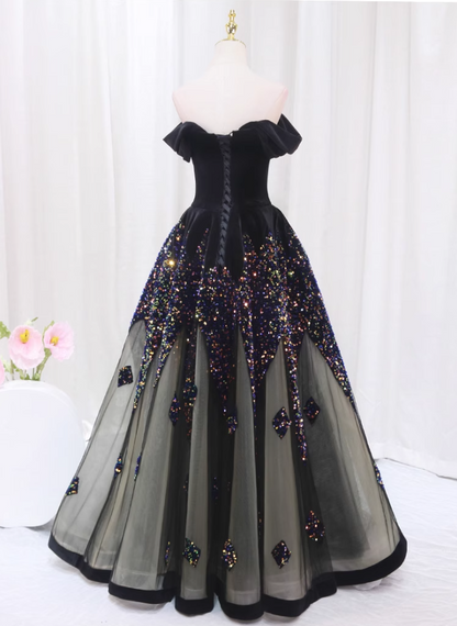 Ornate A-Line Off-Shoulder Sweet 16th Evening Dresses Velvet Splicing Tulle Sequins Prom Dress AP4511