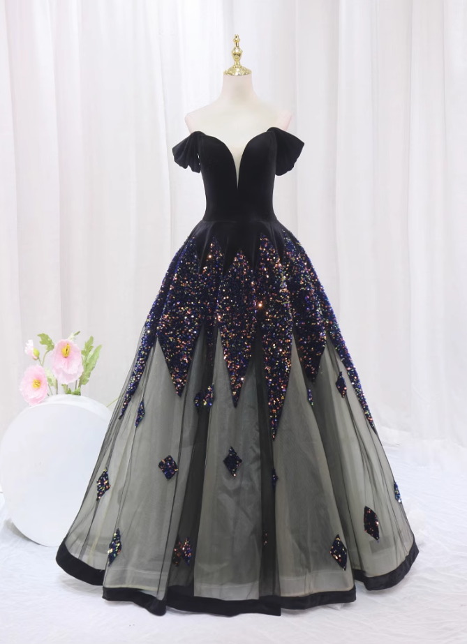 Ornate A-Line Off-Shoulder Sweet 16th Evening Dresses Velvet Splicing Tulle Sequins Prom Dress AP4511