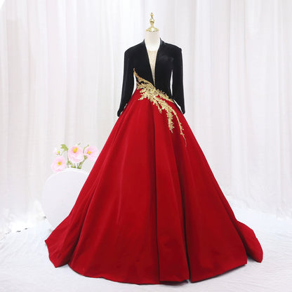 Fabulous A-Line V Neck Formal Gowns Long Sleeve Appliques Sequins Backless Black & Red Prom Dress AP4512