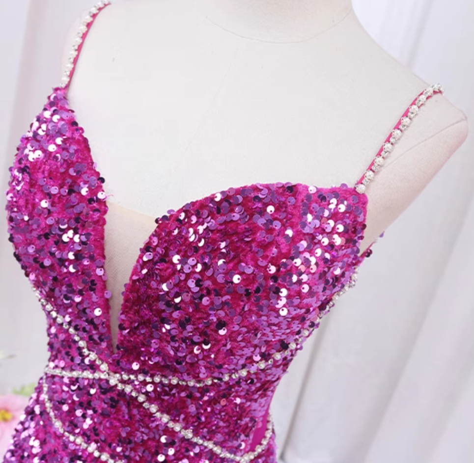 Chic Spaghetti Straps Mermaid Evening Dresses Sequins Beading Prom Dress AP4513