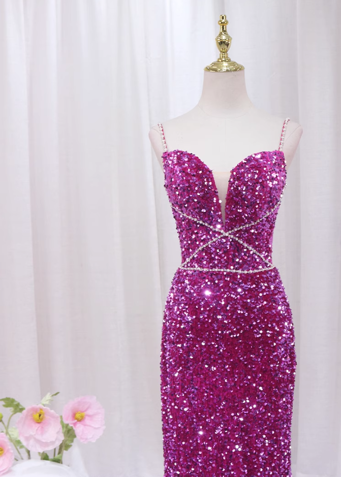 Chic Spaghetti Straps Mermaid Evening Dresses Sequins Beading Prom Dress AP4513