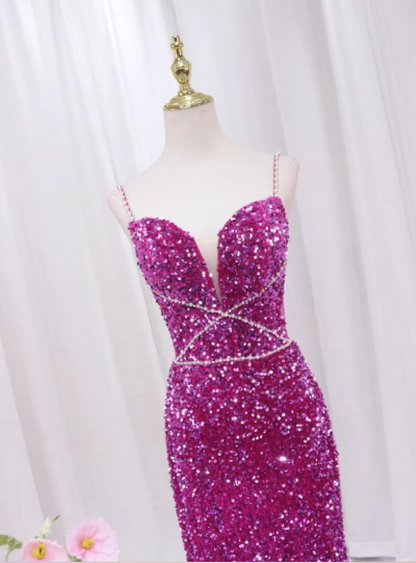 Chic Spaghetti Straps Mermaid Evening Dresses Sequins Beading Prom Dress AP4513