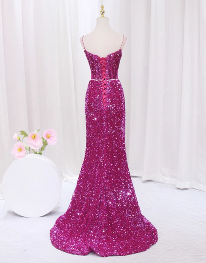 Chic Spaghetti Straps Mermaid Evening Dresses Sequins Beading Prom Dress AP4513