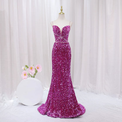 Chic Spaghetti Straps Mermaid Evening Dresses Sequins Beading Prom Dress AP4513