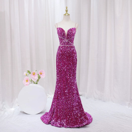 Chic Spaghetti Straps Mermaid Evening Dresses Sequins Beading Prom Dress AP4513