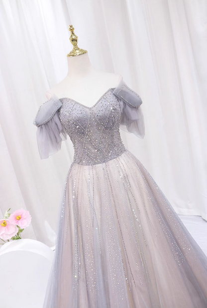 Luxurious A-Line Off-Shoulder Sweet 16th Evening Gowns Tulle Sequins Beading Prom Dress AP4514