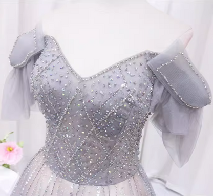 Luxurious A-Line Off-Shoulder Sweet 16th Evening Gowns Tulle Sequins Beading Prom Dress AP4514